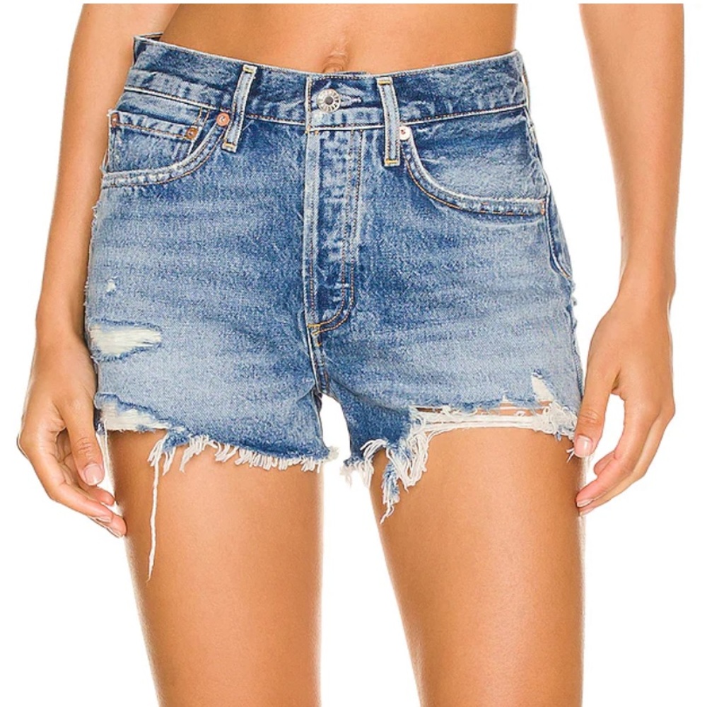 AGOLDE Denim Parker clutch distressed frayed high rise waisted blue jean shorts